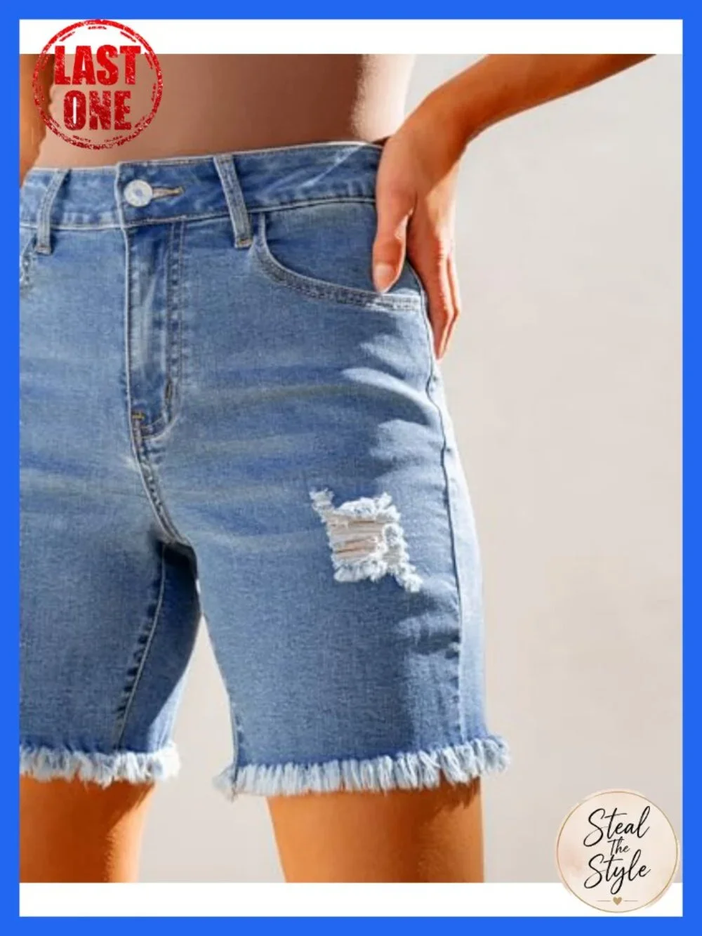 High Waisted Distressed Stretchy Denim Long Shorts Women Casual Ripped Raw Hem